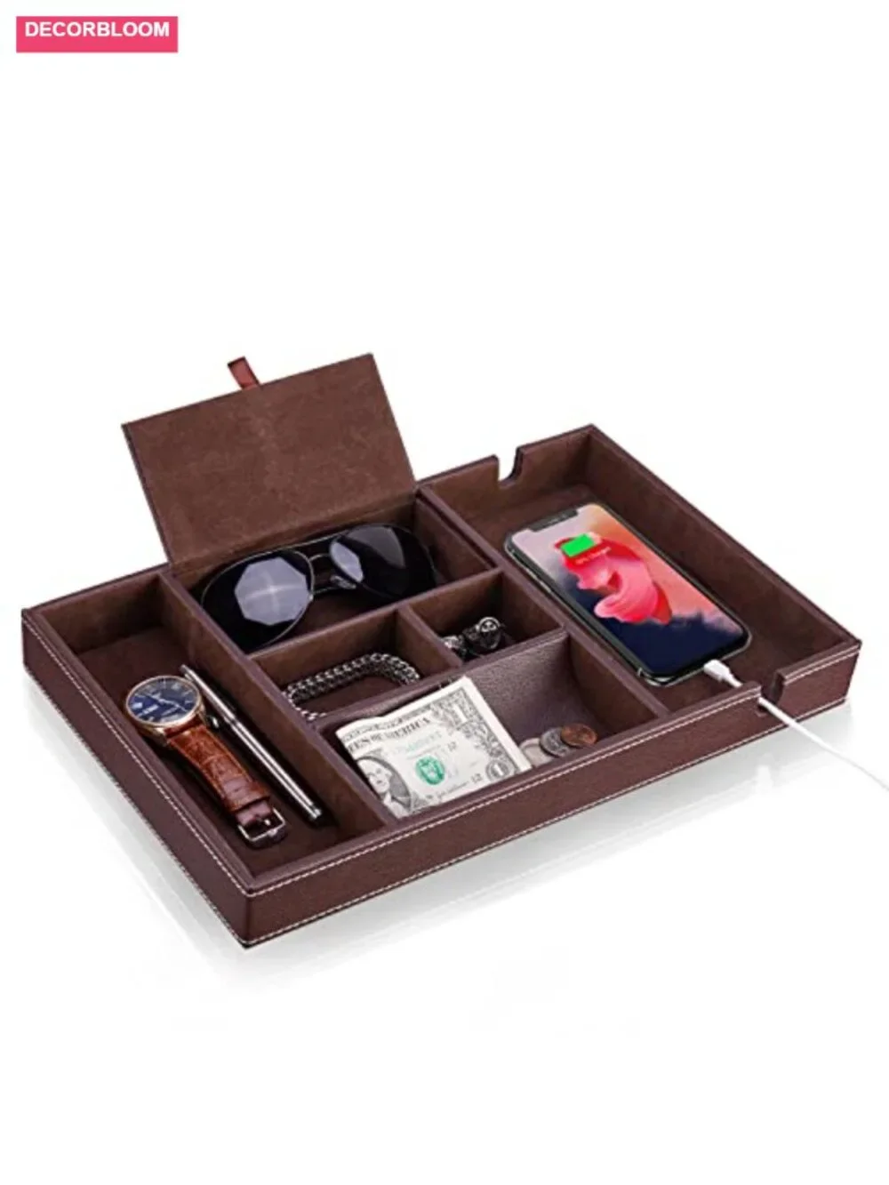Leather Valet Tray with 6 Compartments for Men's Nightstand Organizer